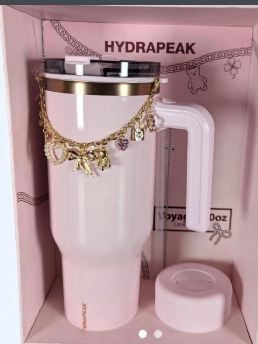HYDRAPEAK Pink Travel Tumbler with Handle and Charm Chain